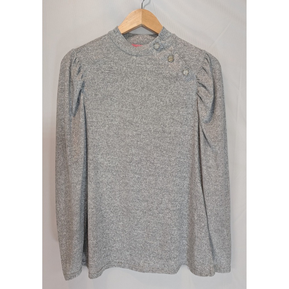 Simply Scarlett Grey Mock Neck Puff Sleeve Top with Rhinestone Buttons Size M
